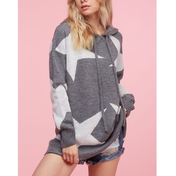 Gray White Star Hoodie Sweater Knit Tunic Top - Picture 8 of 8